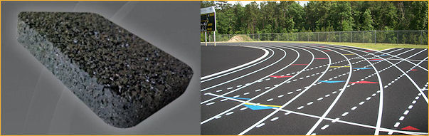 A track and field area featuring a rubber mat surrounded by a running track