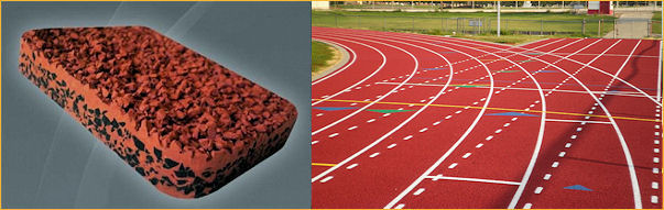 A track and field area featuring a rubber mat surrounded by a running track